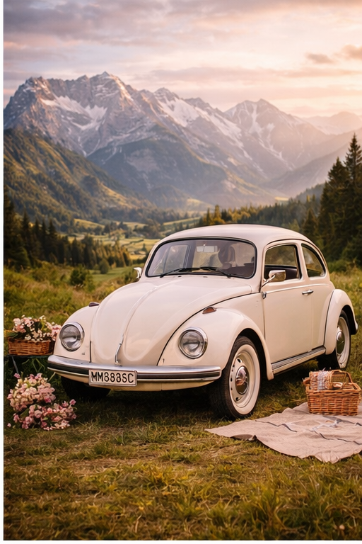 Para młoda przy zabytkowym Garbusie